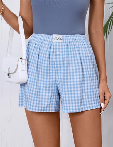 Image of LOMON Womens Boxer Shorts Casual Summer 2026 Pajama Lounge Sleep Pj Gingham Plaid Shorts Y2K Beach Bottoms