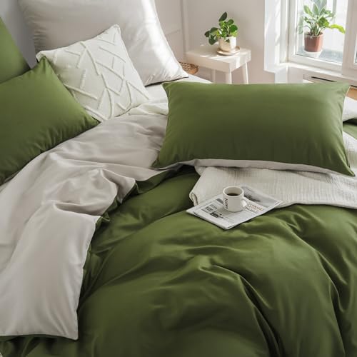 RUIKASI Bettwäsche 155x220 Baumwolle Grün - Olivegrün Bettwäsche-Sets 155x220cm 2teilig Wendebettwäsche 2tlg mit Reißverschluss… – Ansicht 5