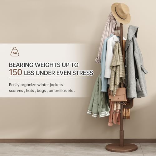 Image of Muwuele Solid Wood Cactus Coat Rack, Freestanding Coat Rack With 6 L-Shaped Hooks and 3 Adjustable Sizes, Coat Tree for Bedroom, Entryway, Livingroom, Coat Hanger Stand for Coats, Handbags (Walnut)