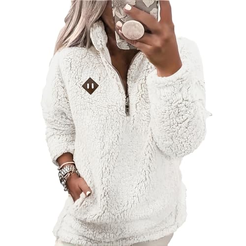 Womens Winter Coats Half Zip Sherpa Fleece Pullover Fall Winter Oversized Sweatshirt with Pockets Warm Fuzzy Sweater Trendy Long Sleeve Plain Loose Fit Hoodies Sweatshirt Fashion Clothes White M