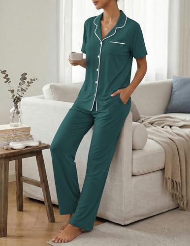 Image of ZMJ Womens Pajamas Sets 2 Piece Button Up Pj Sets Short Sleeve with Long Pant