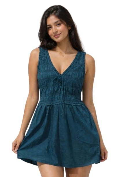 NOBARR Women's Dark Blue Cotton Smocked A-Line Dress Sleeveless V-Neck Mini Dress with Pockets