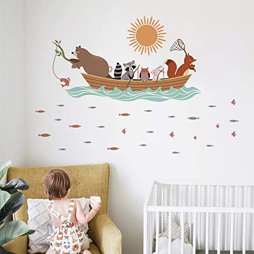 Mfault Woodland Animals Fishing Wall Decals Stickers, Funny Forest Bear Fox Raccoon Rabbit Owl Sun Nursery Decorations Bedroom Art, Jungle Baby Animal Fish Kids Room Decor #TOP2