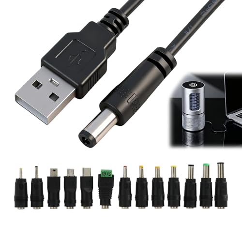 Cable de Alimentación USB a DC 5V 3A, 100cm Cable USB a DC 5.5x2.1mm, con 13 Conectores Intercambiables, Cable de Carga Universal con Adaptadores Micro USB, Tipo C, LED Terminal, Varias Medidas DC
