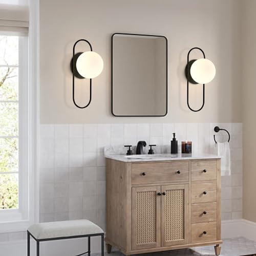 Image of Black Glass Globe Wall Sconce Set of Two Frosted Globe Wall Light Mid Century Modern Wall Sconce Oval Wall Lamp for Bedroom Bedside Bathroom