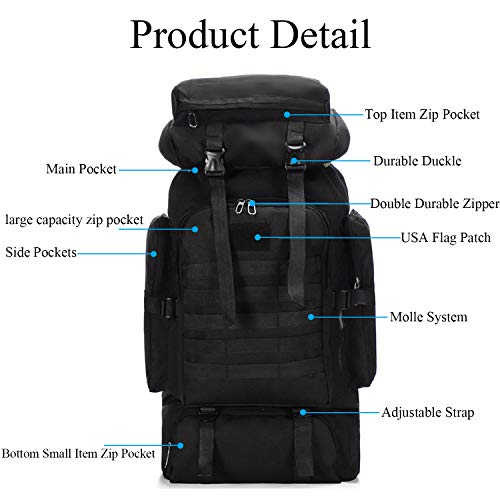 Wesoke 80L Camping Hiking Military Tactical Backpack, Adjustable Waterproof Large Capacity Travel Daypacks Outdoor MOLLE Rucksack, Black - Thumbnail 2