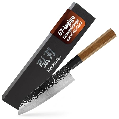 Hiroknifes Santoku Messer 18 cm – Damastmesser Küchenmesser 67 Lagen VG10 Stahl – Japanisches Kochmesser mit Tsuchime Finish & Ebenholz Griff – inkl. Premium Geschenkbox