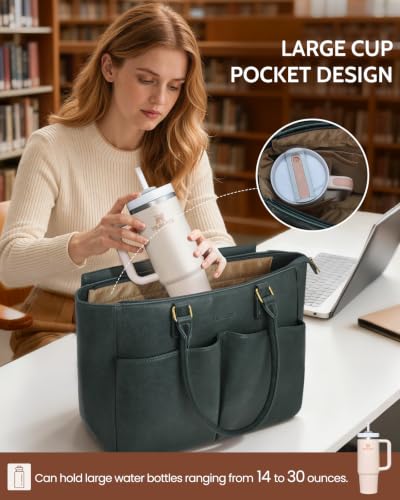 Image of Laptop Tote Bag for Women, Leather Work Tote with Padded Laptop Compartment, Cup Holder, Office Computer Briefcase