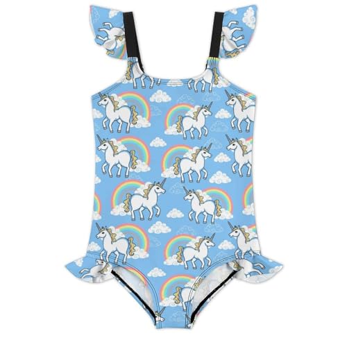 Image of Girls One Piece Swimsuit Cute Alpacas Hearts Stars Ruffles Swimwear Bathing Suits 3-12 Years