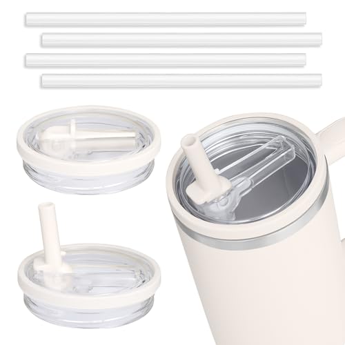 2 Pack 40 oz Tumbler Flip Straw Leak Proof Lid Replacement Fit for Stanley Quencher 40 oz Tumbler Lid Replacement for Stanley Cup No Spill Proof Straw Cover for Stanley Cup Accessories (Cream White)