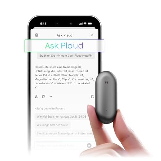 Plaud NotePin Sprachrekorder, KI-Sprachrekorder, App-Steuerung, KI-Notizgerät, KI-Transkription & Zusammenfassung, 112 Sprachen, 64GB Speicher, Audiorekorder für Vorlesungen, Meetings, Kosmisches Grau