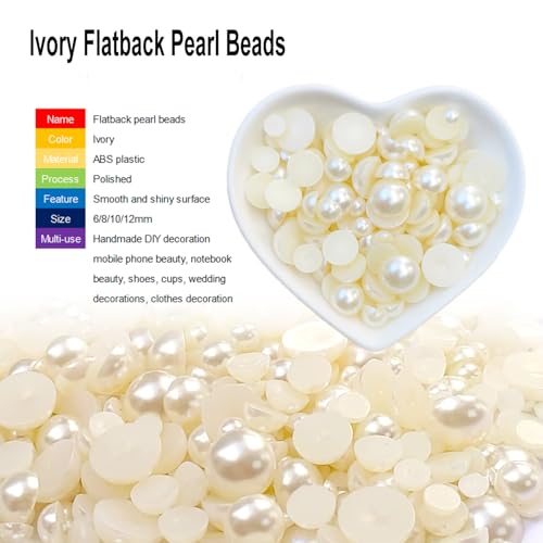 Half Pearl Beads 115pcs 3 Sizes Half Flatback Round Pearl Bead Loose Beads 8mm/10mm/12mm for DIY Crafts (Ivory)
