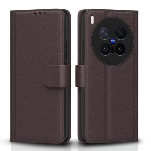 Image of Amazon Basics Flip Cover for Vivo X300 Pro 5G Leather Finish | Wallet Stand and Shock Proof | Inside TPU with Card Pockets | Complete Protection Flip Case (Coffee)