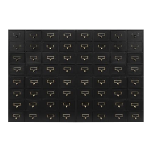 64-Drawer Wooden Storage Box Traditional Apothecary Curio Cabinet in Vintage Wood, Card Catalog Library Desk Drawer w/Label Holders Handles, Multi Level Countertop Arts and Craft Organizer (Black)