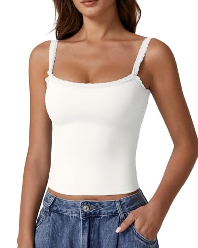 QINSEN Womens Square Neck Lace Trim Tank Top Double Lined Slim Fitted Y2k Going Out Camisole Shirts
