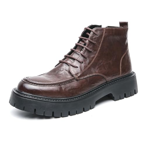 Image of Men's Textured Leather Platform Chunky Low Heel Combat Boots with Side Zipper Vintage Round Toe Lug Sole Non-Slip Lace-Up Motorcycle Boots Work Office Business Casual Oxfords