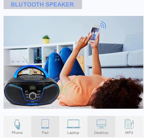 LONPOO CD Player Portable Boombox FM Radio, Bluetooth MP3/CD Player, with Aux-in, USB&Headphone Jack
