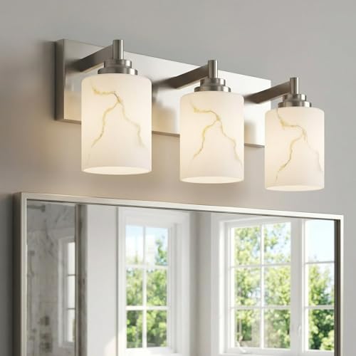 Image of 3-Light Bathroom Light Fixture, Brushed Nickel Modern Vanity Light with White Marble Glass Shade, for Bathroom Mirror, Living Room, Bedroom, Hallway, E26 Base, Extended Base