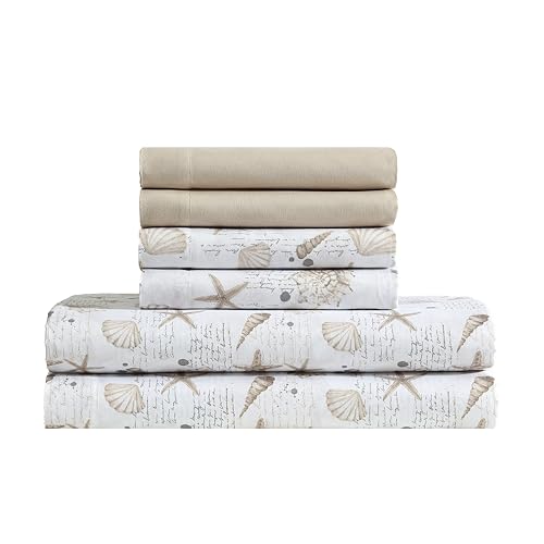 Caribbean Joe 6-Piece Sheet Set with Cooling Pillowcases 12-inch Deep Pockets Tropical Beach Coastal Design Queen Shell Note Taupe