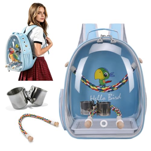 PETCUTE Bolsa de Transporte para Pájaros, Transparente, Transpirable, Mochila para Pájaros con Percha y Bandeja, Espaciosa, Ideal para Viajes en Tren, Automóvil, Restaurante o Avión (Azul)