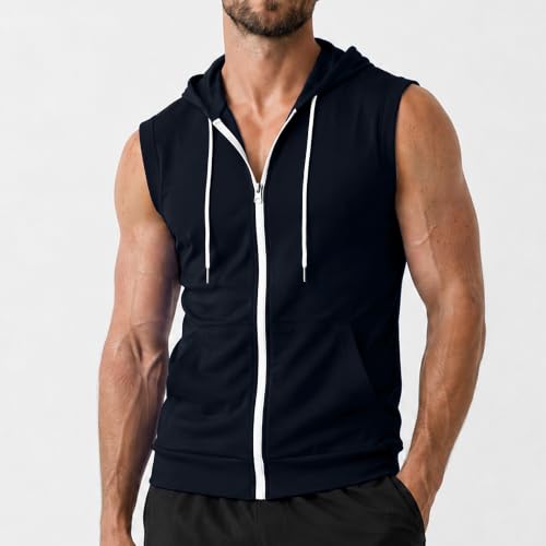 Image of Ohoo Mens Slim Fit Sleeveless Lightweight Zip Up Hooded Sweatshirt Vest Hoodie