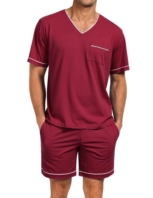 Marvmys Mens Pajamas Set Short Sleeve Sleepwear 2 Piece Pj Sets for Men Soft Nightwear with Pockets Wine Red L