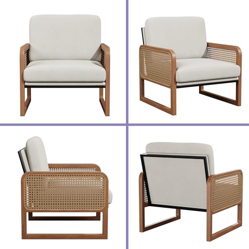 HAOBO Home Accent Chair Natural Rattan Armchair Mid Century Modern Chair Upholstered Living Room Chairs Comfy Lounge Chair for Bedroom Reading Room Set of 2