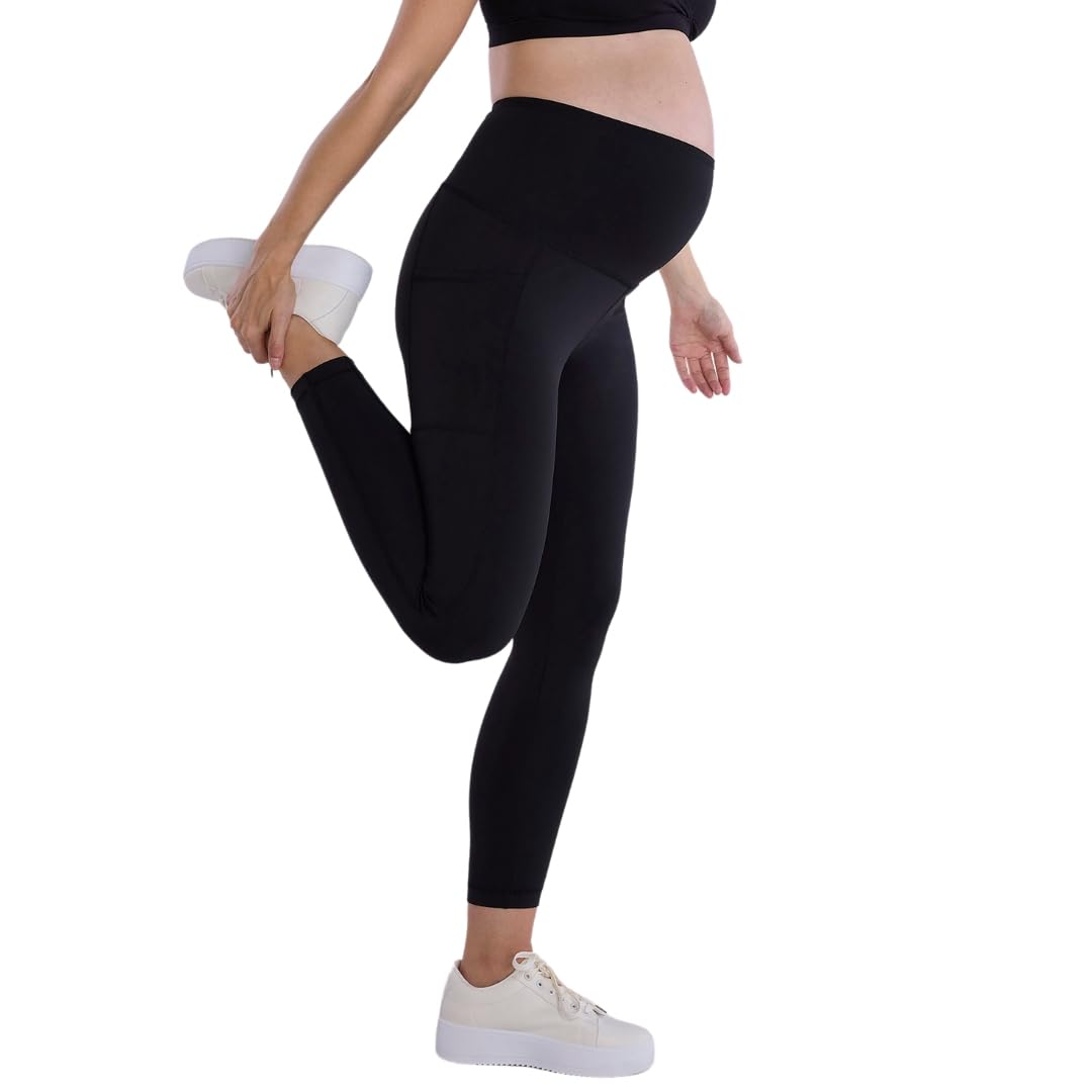 Motherhood Maternity Damen Workout Over The Belly Schwangerschaft und Postpartum Leggings mit Taschen Soft Active Stretchy Pants