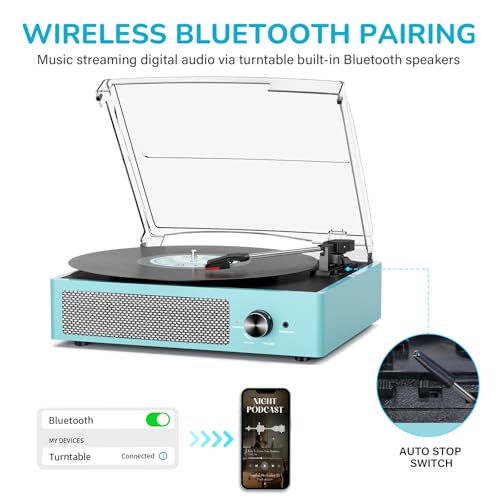 Image of Vinyl Record Player with 2 Stereo Speakers Belt-Driven Vintage Turntables 3 Speed 3 Size Wireless Bluetooth Playback AUX-in RCA Out Headphone LP Vinyl Players Auto Stop Sky Blue