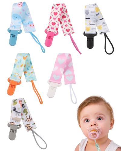 LEEQBCR 6 Pcs Attache Sucette Bébé,attaches-tétines avec sangles en coton,Pacifier Clip Chain,Garde la Tétine Propre,Douce et Flexible,Durable–Haute...