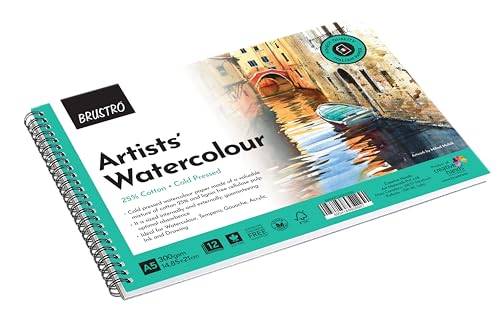 Image of BRUSTRO Artists Watercolour Pad | 25% Cotton, 300 GSM, A5, Wiro Bound, Spiral, Cold Pressed, 12 Sheets, 24 Perforated Pages | Ideal for Watercolors, Acrylic, Tempera, Gouache, Ink, Pastels.