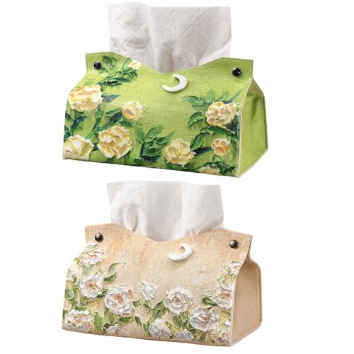 2 Pack Square Tissue Box Covers with Magnetic Closure Oil Painting Style PU Leather Tissue Holders Decorative Tissue Box Holders for Home Office Car - Waterproof & Easy to Clean