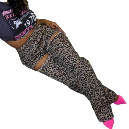 Womens Sexy High Waist Cut Off Leopard Printed Rhinestones Bodycon Party Clubwear Pants3
