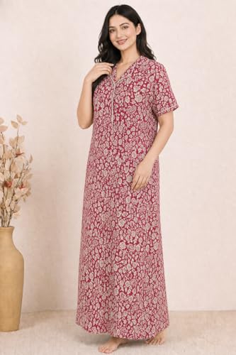 Image of Bahumaan Pure Cotton Nighty for Woman | Floral Gown for Women Nightwear with Pocket | Cotton Nighty for Women Stylish | Maxi for Women Cotton