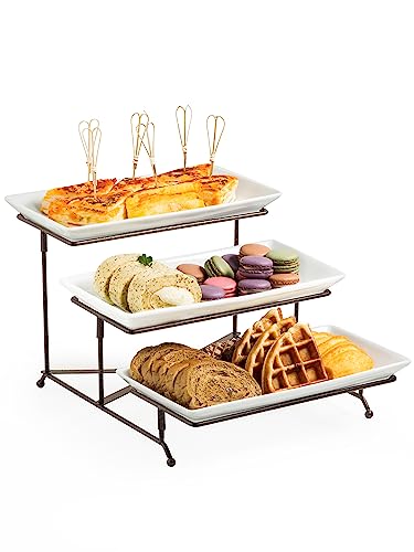 LAUCHUH 3 Tier Serving Stand Collapsible Sturdier Rack with 3 Porcelain Serving Platters Tier Serving Trays for Fruit Dessert Presentation Party Display Set, 12 Inch, Bronze