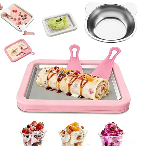 Ice Cream Roller Maker Kit with a Bear Bowl and 2 Scrapers Instant Rolled Ice Cream Tray Freezy Bake at Home DIY Yogurt Fruity Sorbet and Gelato for Families and Parties Pink