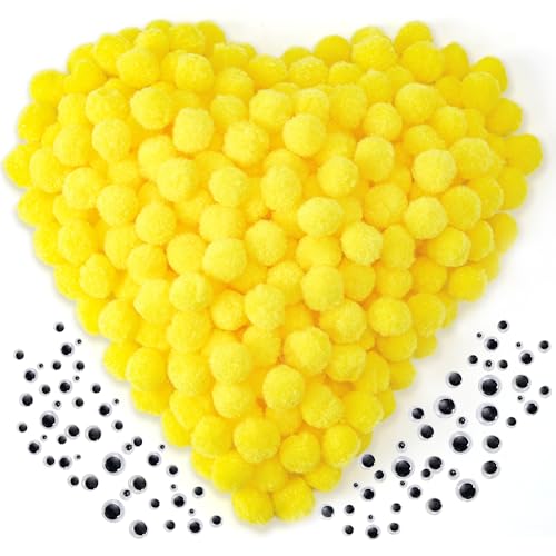 Caydo 300PCS Pom Poms with 100PCS Wiggle Eyes 1 Inch Yellow Pom Pom Balls for Kids Art and Craft Projects Making and Classroom Craft Activities