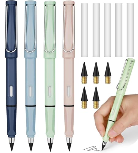 Ewiger Bleistift 4 Stück Unendlicher Bleistift mit Radiergummi Metall Tintenlose Bleistifte mit Wechselkopfm Klares und Flüssiges Schreiben für Kinder und Erwachsene zum Schreiben Zeichnen Schule