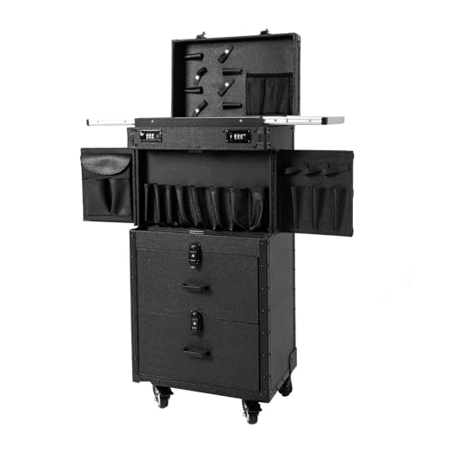 YIYIBYUS Rolling Makeup Case, 2 Storage Trays Locking Wheels Storage Salon Cart Trolley Floor Standing Cosmetic Trolley Makeup Storage Organizer Box Multifunction Cosmetics Trolley Train Case