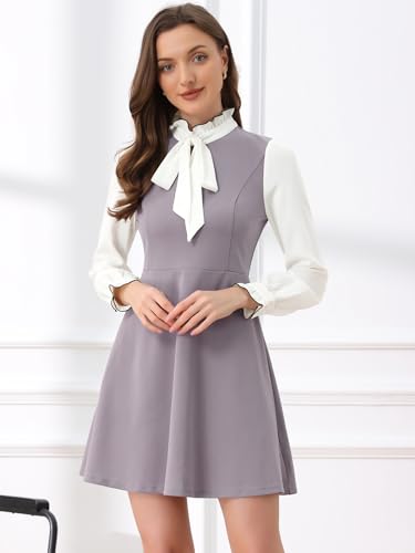 Image of Allegra K Tie Neck Dresses for Women's 1960s Vintage Long Sleeve Contrast Color Dress