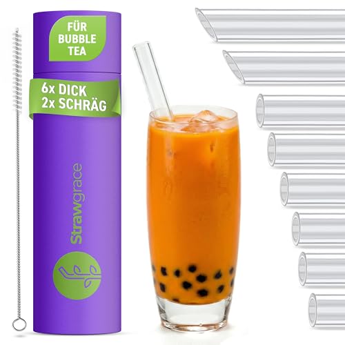 STRAWGRACE 8x Bubble Tea Glasstrohhalme 15 cm [ 2 Stück mit schrägem Ende] - Innendurchmesser: 11 mm | Außendurchmesser 14 mm - Strohhalme Glas - Strohhalme Glas Wiederverwendbar - Glasstrohhalme kurz