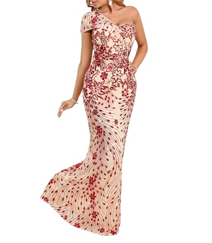 Image of Cololura Women Sexy Sequin One Shoulder Mermaid Formal Party Cocktail Gowns Bodycon Evening Maxi Dress