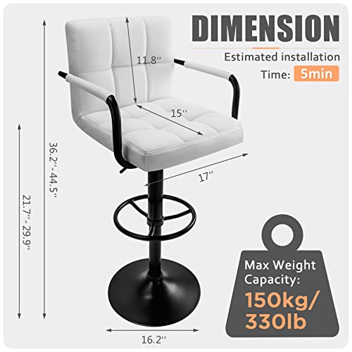 Huracan Bar Stools Set Of 2 Bar Chairs With Arms White Bar Stool With Back Swivel Barstools Counter Height Stools Adjustable Bar Chair Armrest Modern Island Chairs For Kitchen(White+Black Base, 2Pcs #TOP6