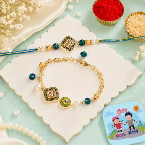 Image of CraftVatika Rakhi Set for Brother and Bhabhi with Gift Combo, Premium Designer Bhaiya Bhabhi Rakhi Set, Kundan Rakhis for Rakshabandhan, Fridge Magnet Gift Greeting Card with Bracelet Lumba for Bhabhi