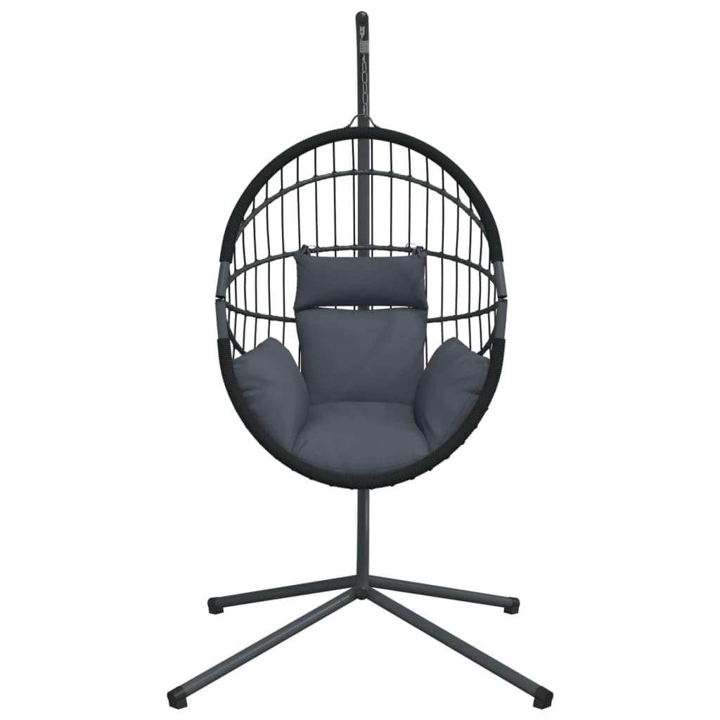 Silla colgante con diseño de huevo con estructura de acero y ratán en color antracita, 104 x 100 x 197 cm, con cojín extraíble para balcón, terraza y exterior para relajarse y columpiarse