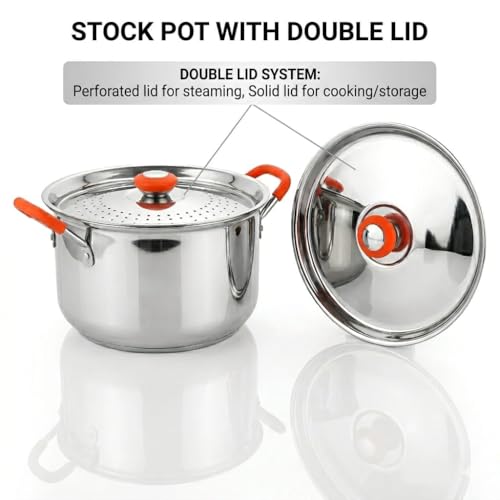 Image of MYNAKSHA Stainless Steel Strainer Pot with Double Lid, Heavy Base 0.8 CM Rice Cooker with Locking Handles, Induction & Gas Compatible, Drain Easily, Ideal for Pasta, Noodles & Vegetables - 6.5 L