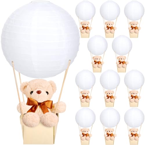 Baquler 12 Sets Baby Shower Hot Air Balloon Table Centerpieces DIY Paper Lanterns Stuffed Plush Bear Wooden Baskets for Wedding Birthday Gender Reveal Baby Shower Party(White)