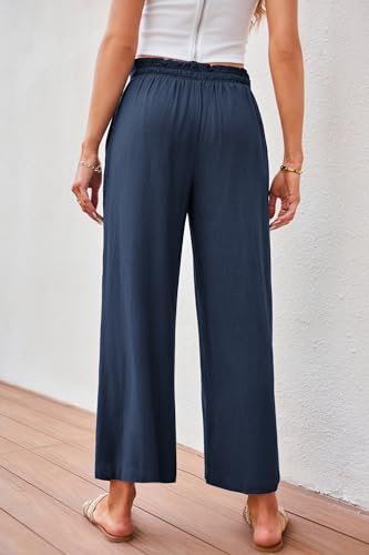 JASAMBAC Women's Capri Linen Wide Leg Pants Summer Boho Wide Leg Pants Smocked High-Rise Waist Casual Beach Pants with Pocket3