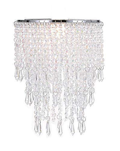 Waneway Abat-jour chandelier 3 niveaux pour plafond pendentif avec gouttelettes de bijoux en acrylique, abat-jour en billes avec contour de chrome et billes claires, diamètre 22 cm, claire