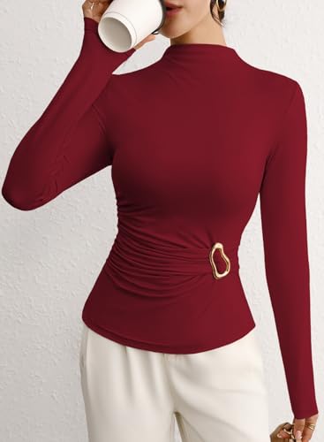 Pink Queen Women's 2025 Fall Long Sleeve Shirts Mock Neck Buttons Decor Ruched Slim Fit Going Out Tops4